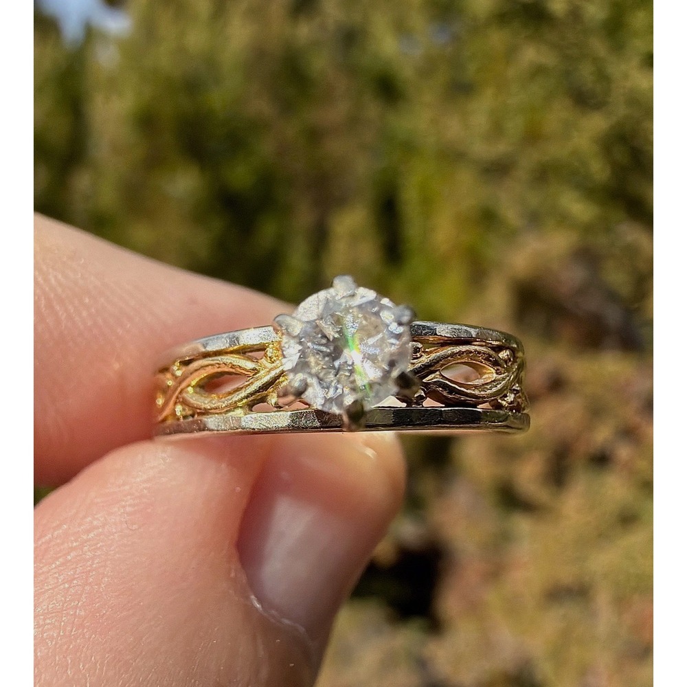 Vintage 14k Solid Yellow White Gold Two Toned Braided Brilliant Cut Diamond Ring